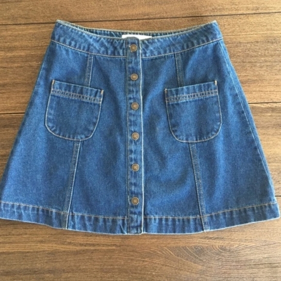 Forever 21 Blue Jean Denim Snap Button Down Front Mini Skirt Medium Wash Large L - Picture 2 of 7